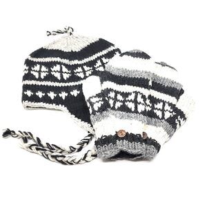 1359 Hand Knit Wool Ear Flap Hat + Matching Convertible Fingerless Mittens